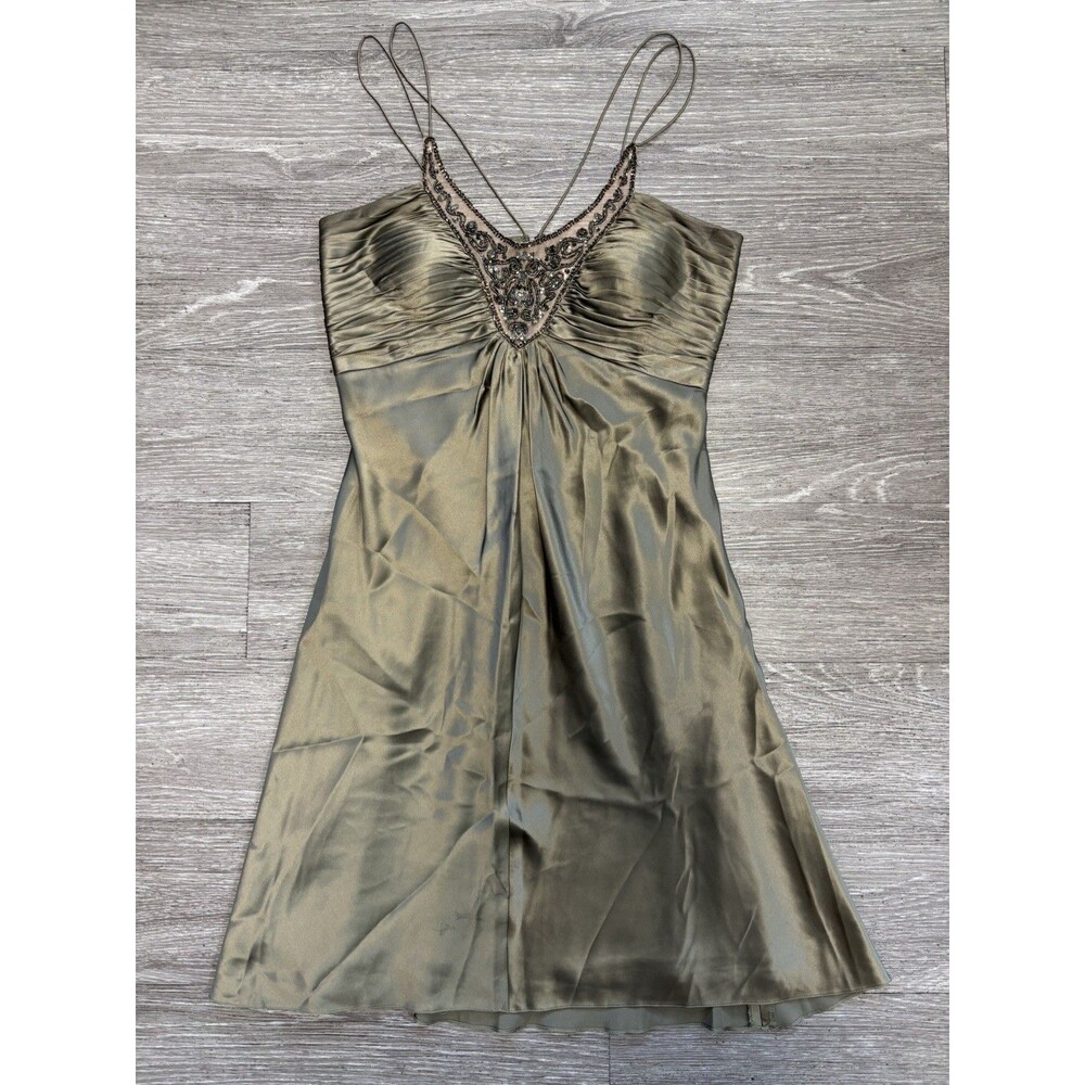 Niteline 100% Silk Beaded Sequin Neckline Olive Evening Cocktail Dress Size 8